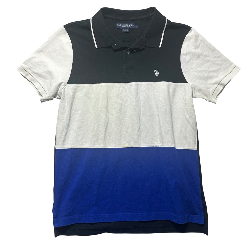 Vintage US Polo Assn Mens Colorblock Polo Shirt Black White Blue Size L 90's Y2K
